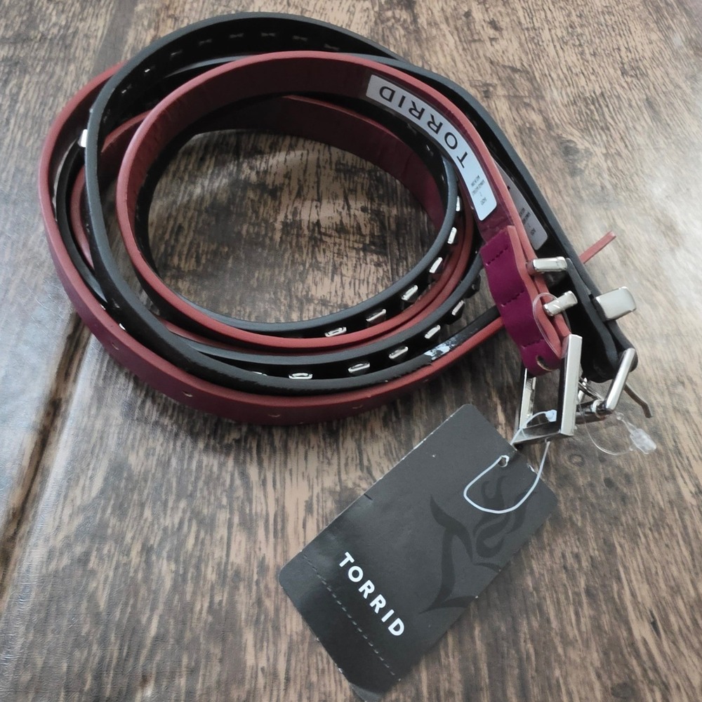 TORRID Studded Skinny Belt 2-Pack Womens Burgundy Black Faux Leather Edgy